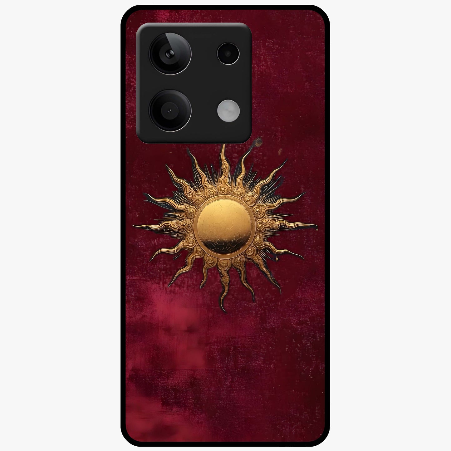 Gold Sun Blush Glass Case showing flat back view with golden sun inspired artwork and glossy glass finish.