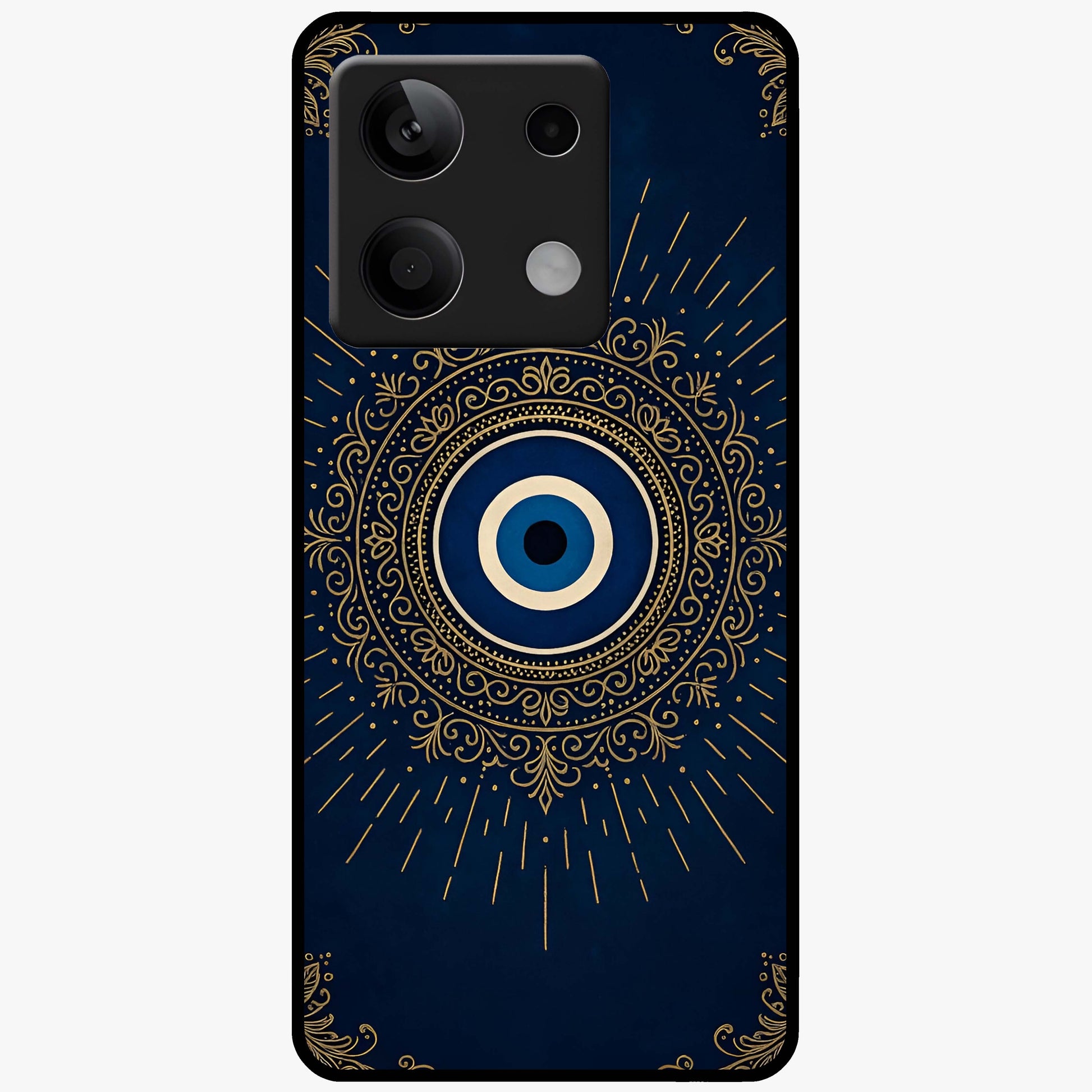 Golden Evil Eye Mandala Glass Case showing flat back view with intricate evil eye mandala artwork and glossy glass finish.