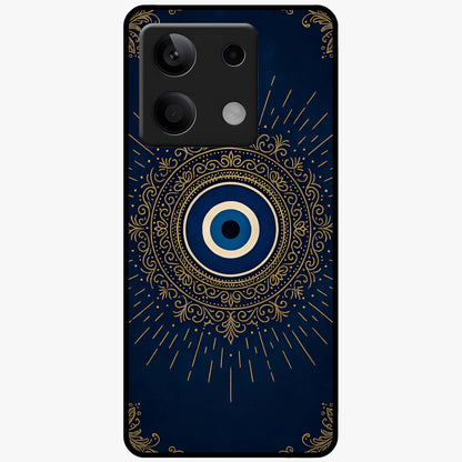 Golden Evil Eye Mandala Glass Case showing flat back view with intricate evil eye mandala artwork and glossy glass finish.