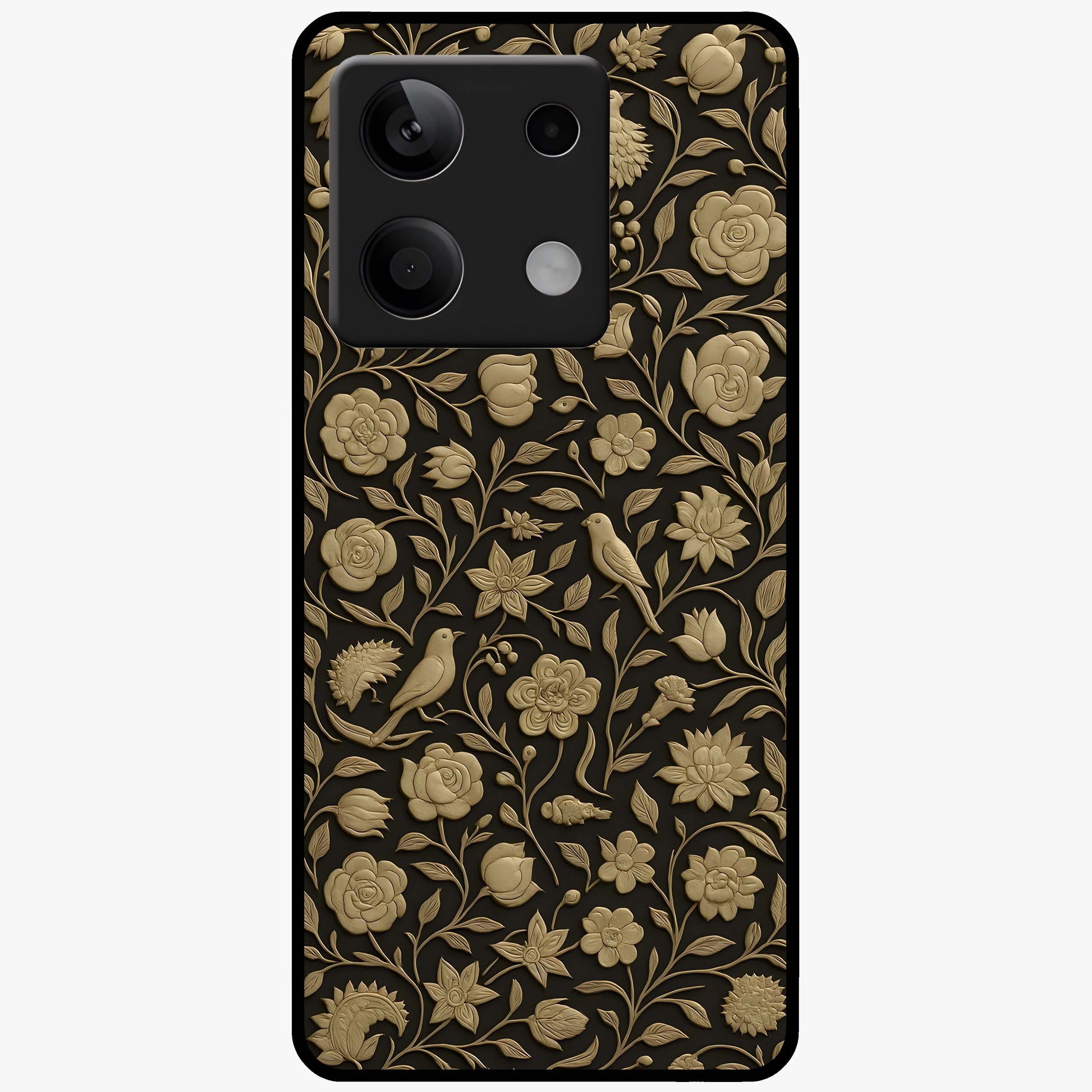 Golden Floral Majesty Glass Case showing flat back view with luxurious golden floral artwork and glossy glass finish.