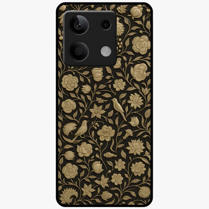 Golden Floral Majesty Glass Case showing flat back view with luxurious golden floral artwork and glossy glass finish.