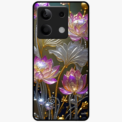 Golden Lotus Glow Glass Case showing flat back view with glowing lotus flower artwork and glossy glass finish.