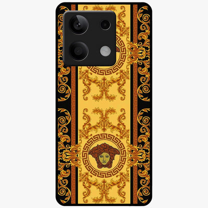 Golden Royal Heritage Glass Case showing flat back view with ornate royal pattern artwork and glossy glass finish.