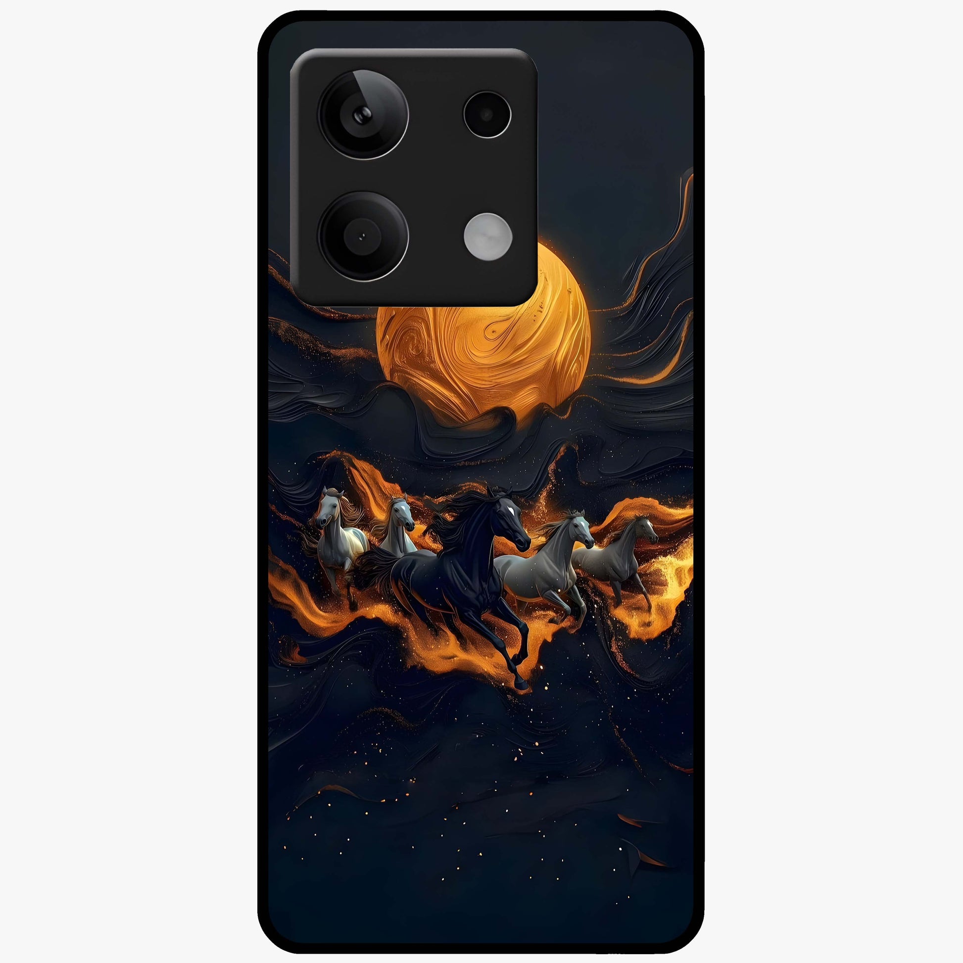 Golden Stallion Moonride Glass Case showing flat back view with majestic horse under moonlight artwork and glossy glass finish.