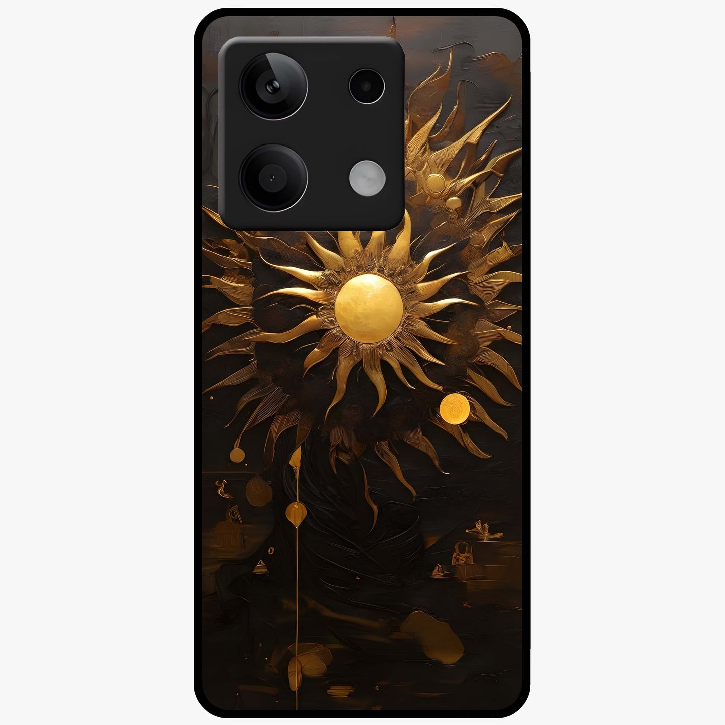 Golden Sun Majesty Glass Case showing flat back view with radiant golden sun artwork and glossy glass finish.
