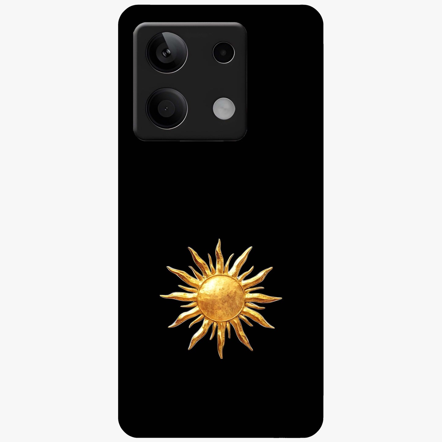 Golden Sun Minimalism Glass Case showing flat back view with minimal golden sun artwork and glossy glass finish.