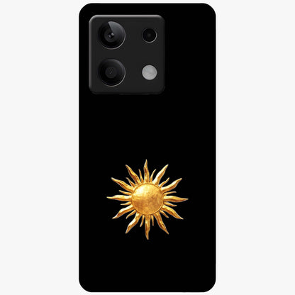 Golden Sun Minimalism Glass Case showing flat back view with minimal golden sun artwork and glossy glass finish.