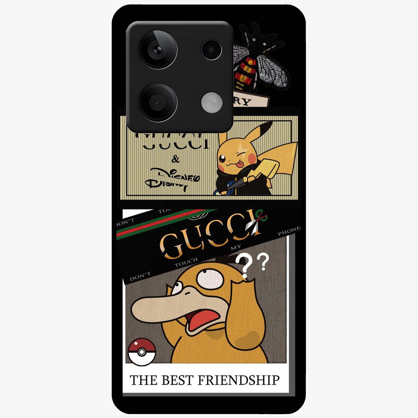 Gucci Play Mashup Glass Case showing flat back view with luxury inspired graphic artwork and glossy glass finish.