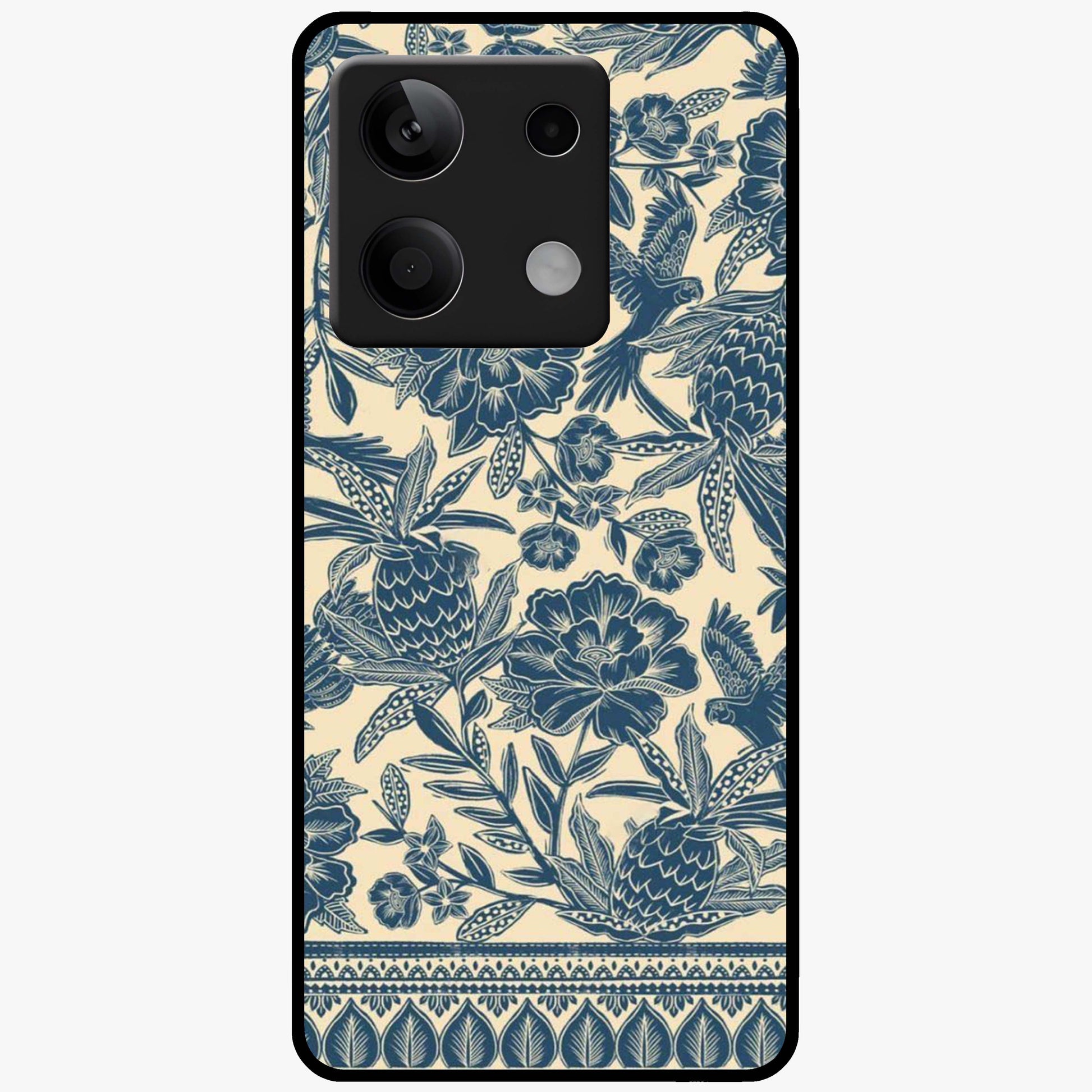 Heirloom Wild Bloom Glass Case showing flat back view with vintage inspired wild flower artwork and glossy glass finish.