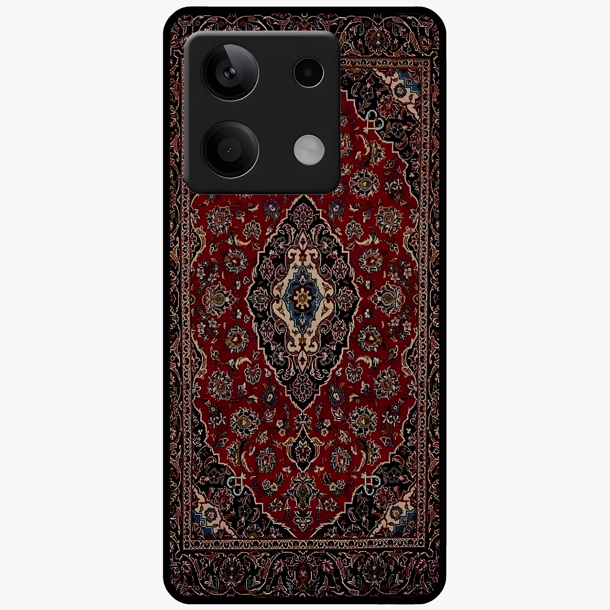 Heritage Carpet Royale Glass Case showing flat back view with ornate Persian carpet inspired pattern and glossy glass finish.