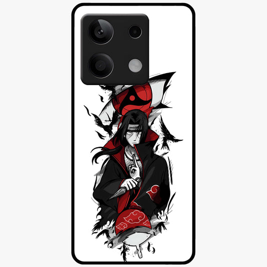 Itachi Sharingan Glass Case showing flat back view with powerful anime eye artwork and glossy glass finish.