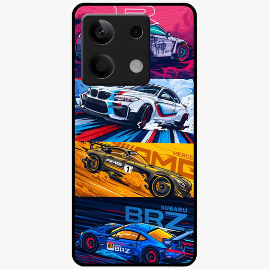 JDM Sports Car Glass Case showing flat back view with high performance sports car artwork and glossy glass finish.