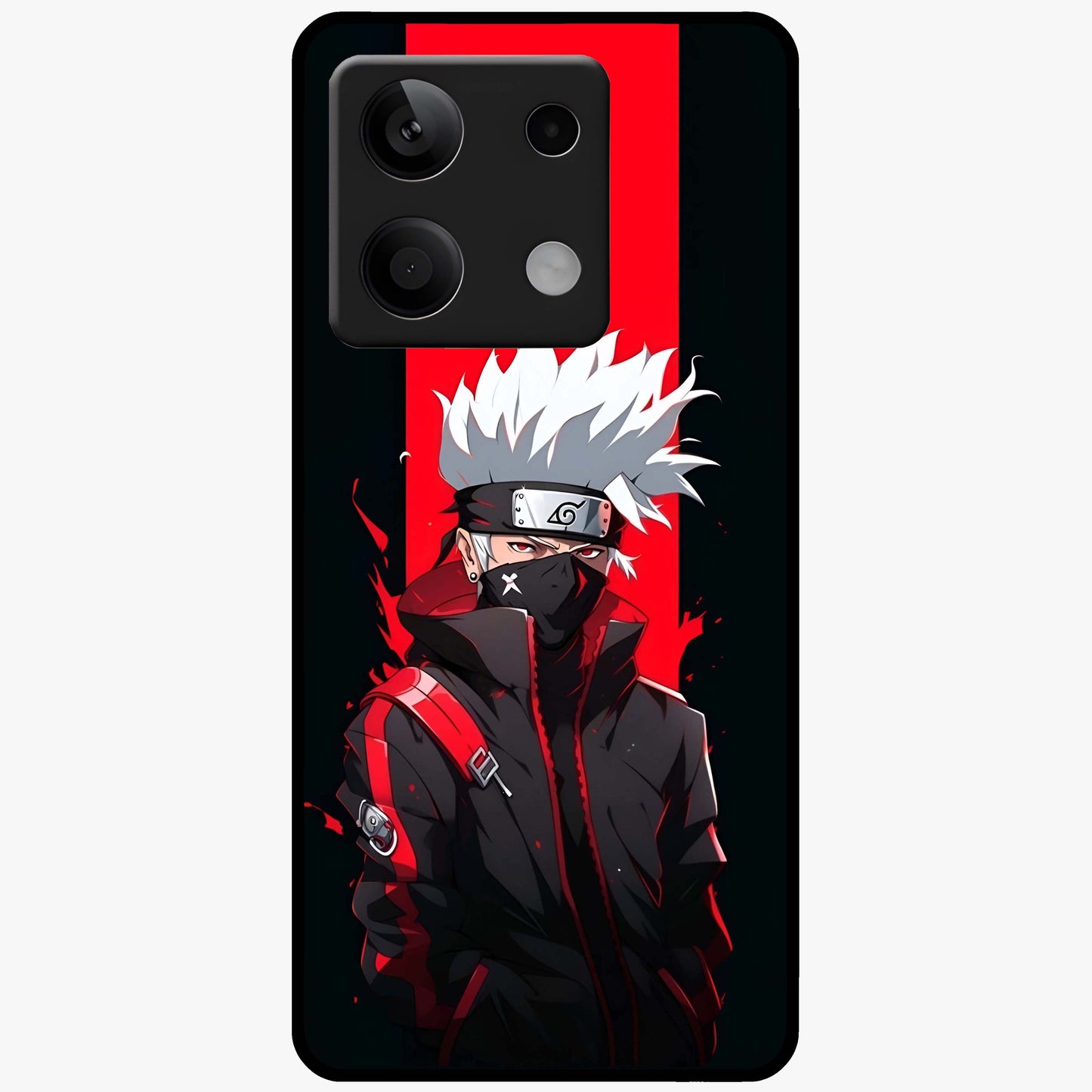 Kakashi Scarlet Shadow Glass Case showing flat back view with powerful anime ninja artwork and glossy glass finish.