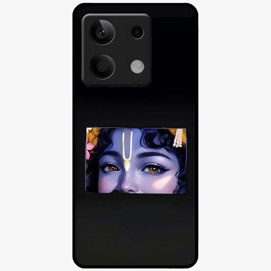 Krishna Divine Embrace Glass Case showing flat back view with Lord Krishna devotional artwork and glossy glass finish.