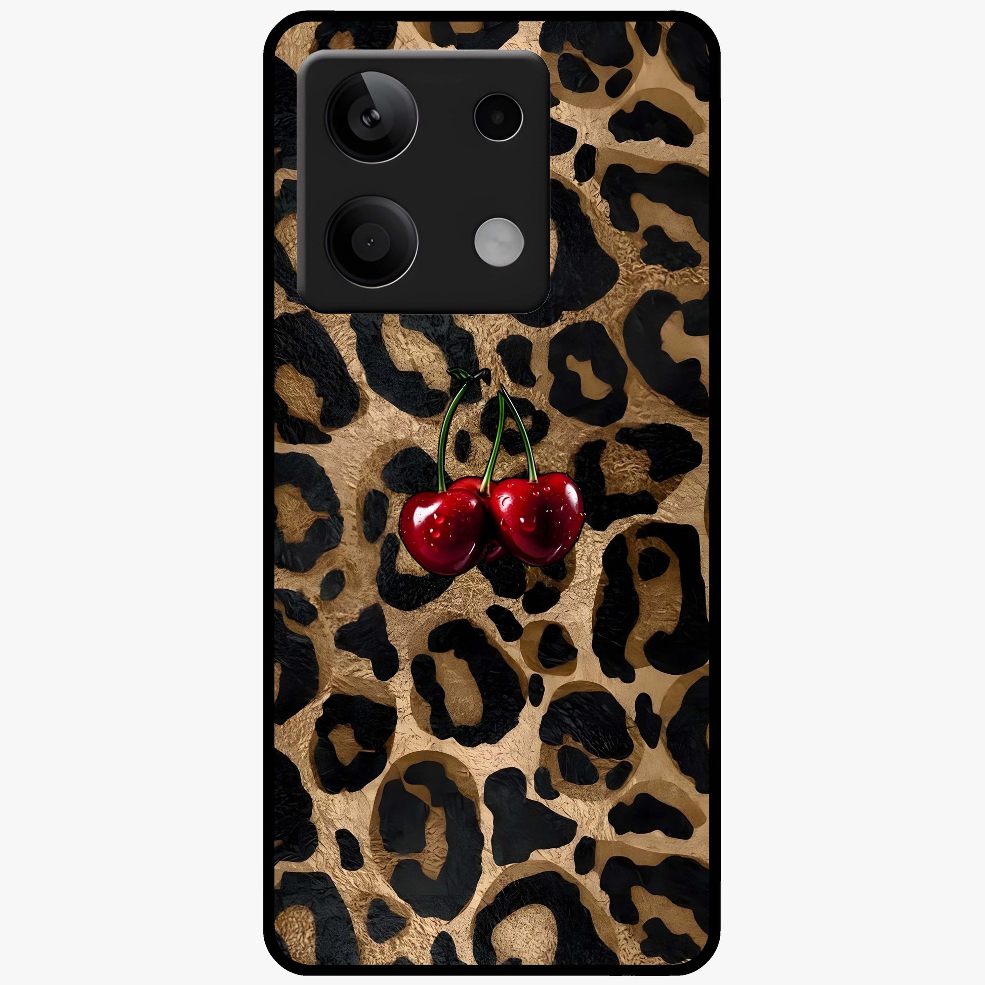 Leopard Wild Cherry Glass Case showing flat back view with leopard pattern and cherry artwork and glossy glass finish.