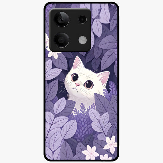 Lilac Hide Peek Cat Glass Case showing flat back view with cute peeking cat artwork and glossy glass finish.