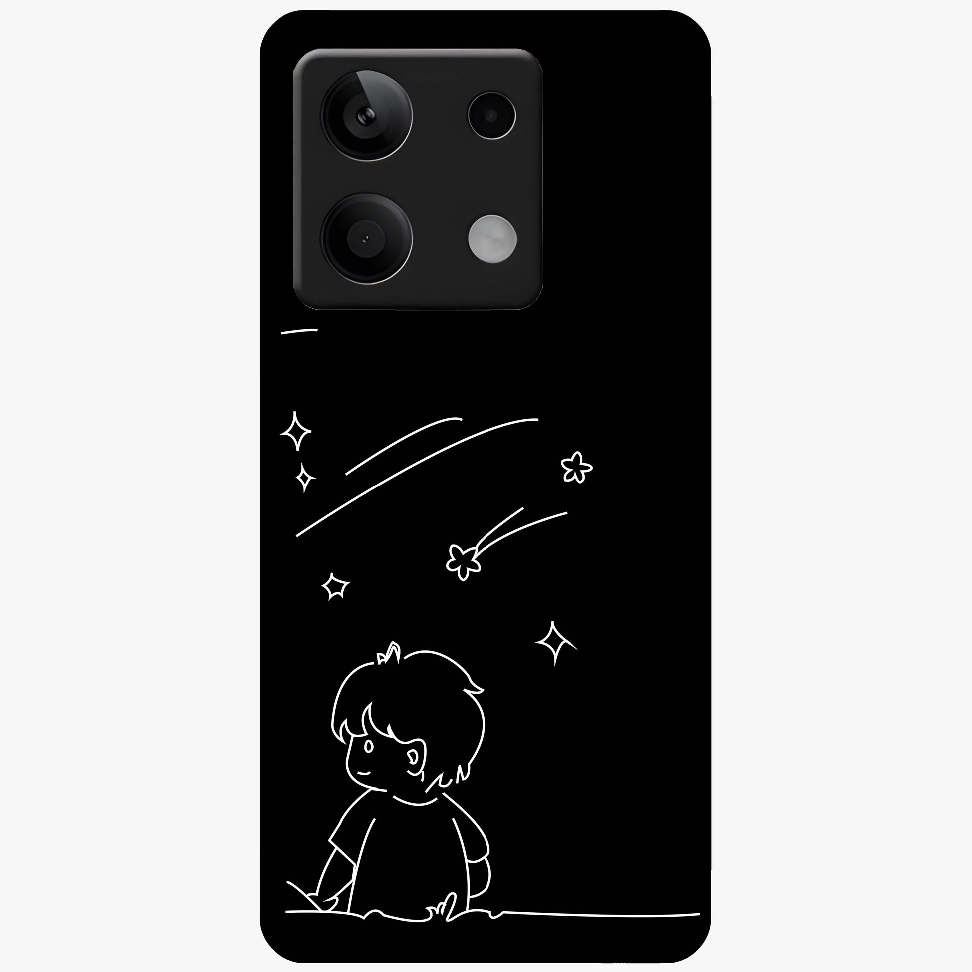 Line Art Boy With Shooting Stars Glass Case showing flat back view with minimal line art boy and shooting stars illustration and glossy glass finish.