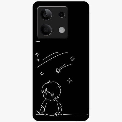 Line Art Boy With Shooting Stars Glass Case showing flat back view with minimal line art boy and shooting stars illustration and glossy glass finish.