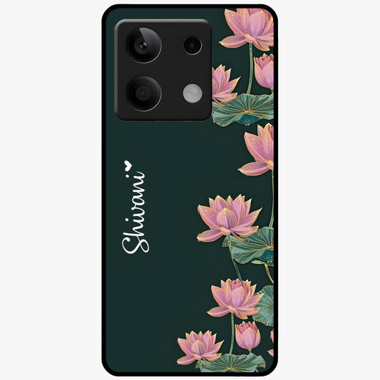Lotus Bloom Serenity Custom Name Glass Case showing flat back view with elegant lotus flower artwork and personalized name design.