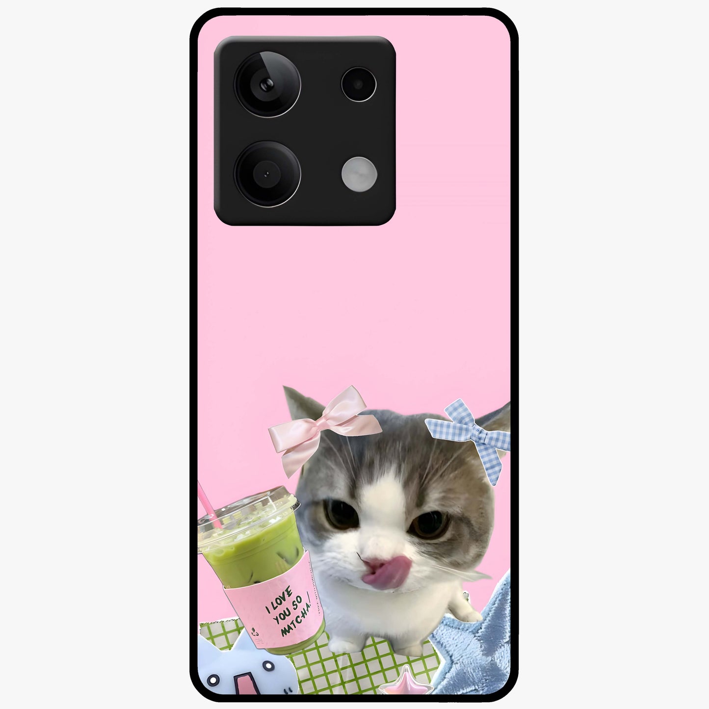 Love Matcha Cat Glass Case showing flat back view with cute cat and matcha themed artwork and glossy glass finish.