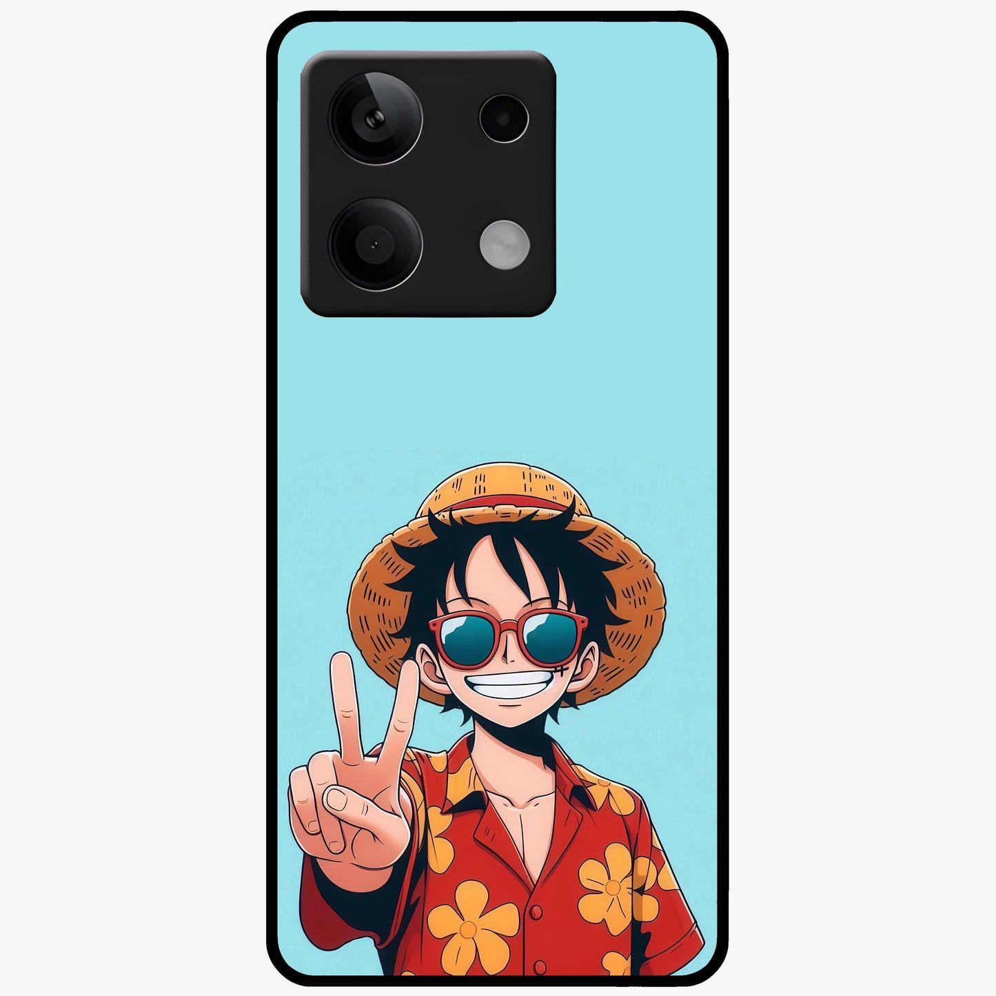 Luffy Summer Anime Vibe Glass Case showing flat back view with vibrant anime character artwork and glossy glass finish.