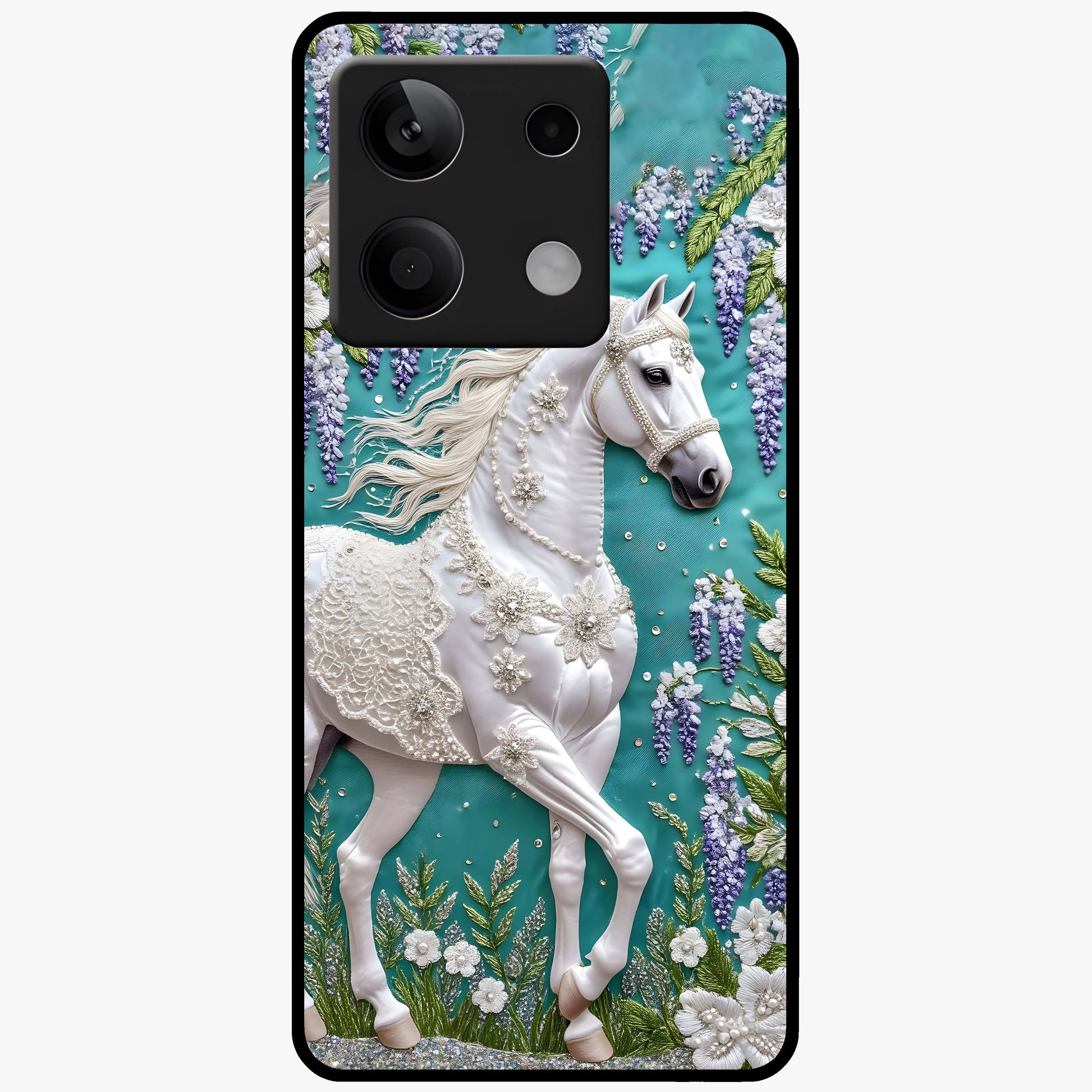 Majestic Floral Stallion Glass Case showing flat back view with powerful horse and floral artwork and glossy glass finish.