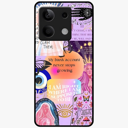 Manifestation Collage Glass Case showing flat back view with motivational collage artwork and glossy glass finish.