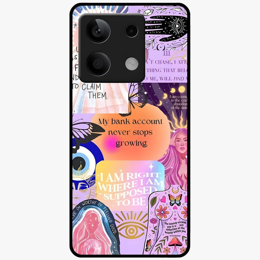 Manifestation Collage Glass Case showing flat back view with motivational collage artwork and glossy glass finish.