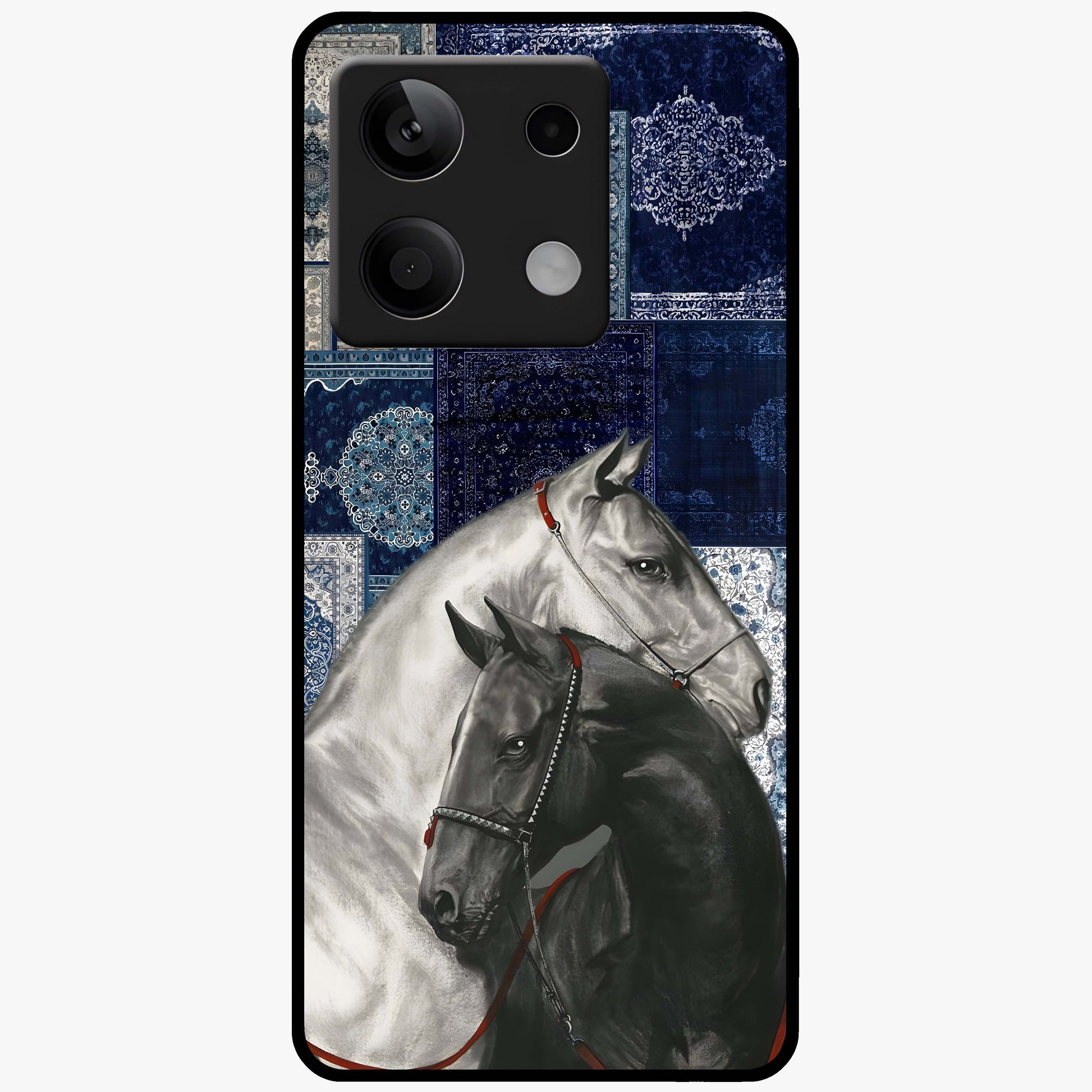Midnight Stallion Blues Glass Case showing flat back view with majestic horse artwork and glossy glass finish.