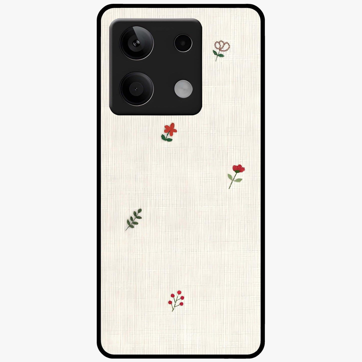 Minimal Petal Whispers Glass Case showing flat back view with soft minimal floral artwork and glossy glass finish.