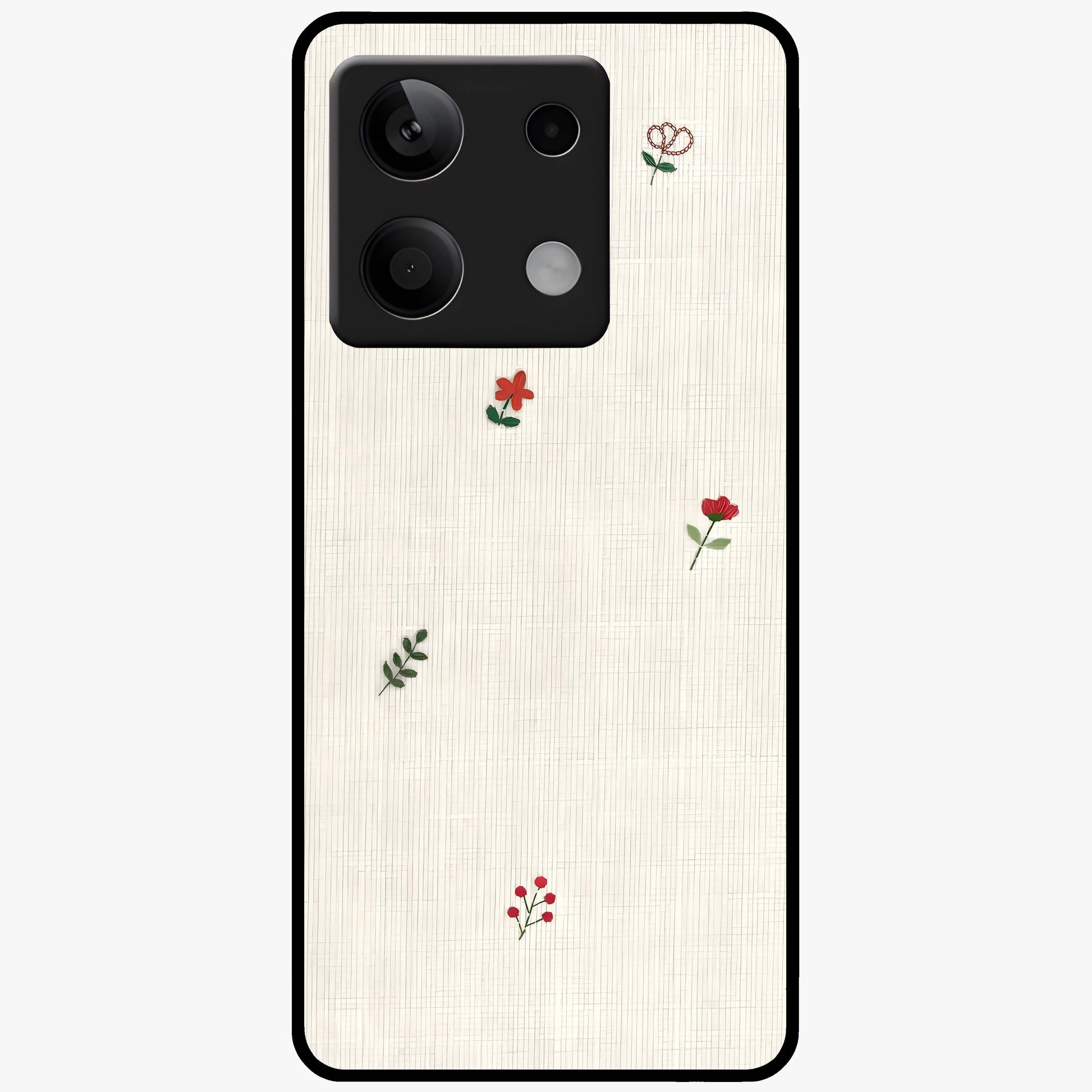 Minimal Petal Whispers Glass Case showing flat back view with soft minimal floral artwork and glossy glass finish.
