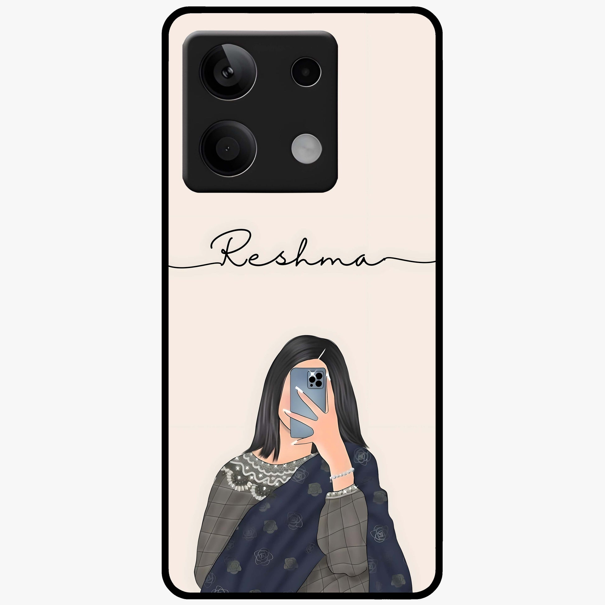 Mirror Mood Muse With Custom Name Glass Case showing flat back view with stylish mirrored artwork and personalized name design.