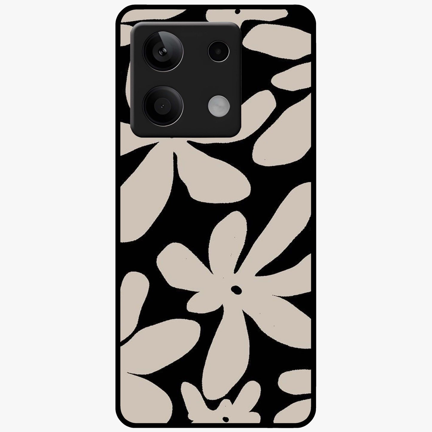 Monochrome Petal Dance Glass Case showing flat back view with monochrome floral artwork and glossy glass finish.