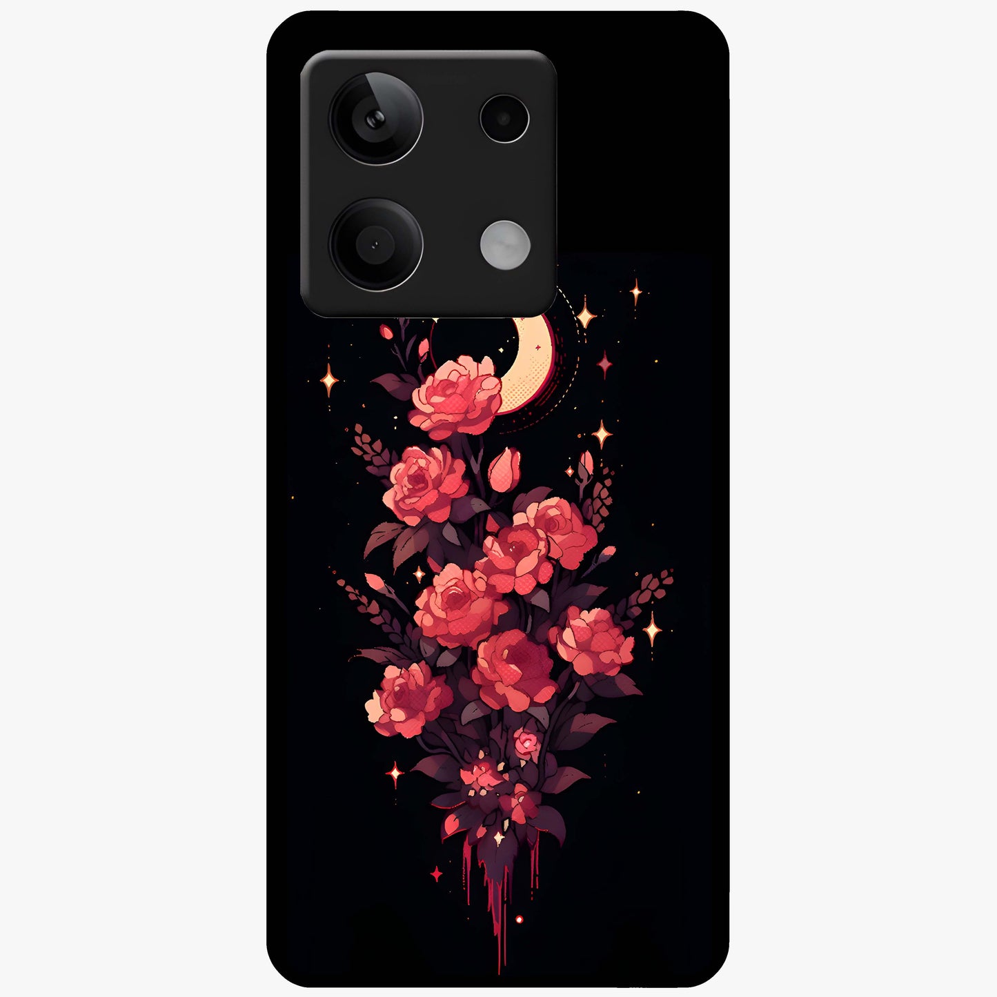 Moonlit Floral Elegance Glass Case showing flat back view with elegant floral artwork under moonlit tones and glossy glass finish.