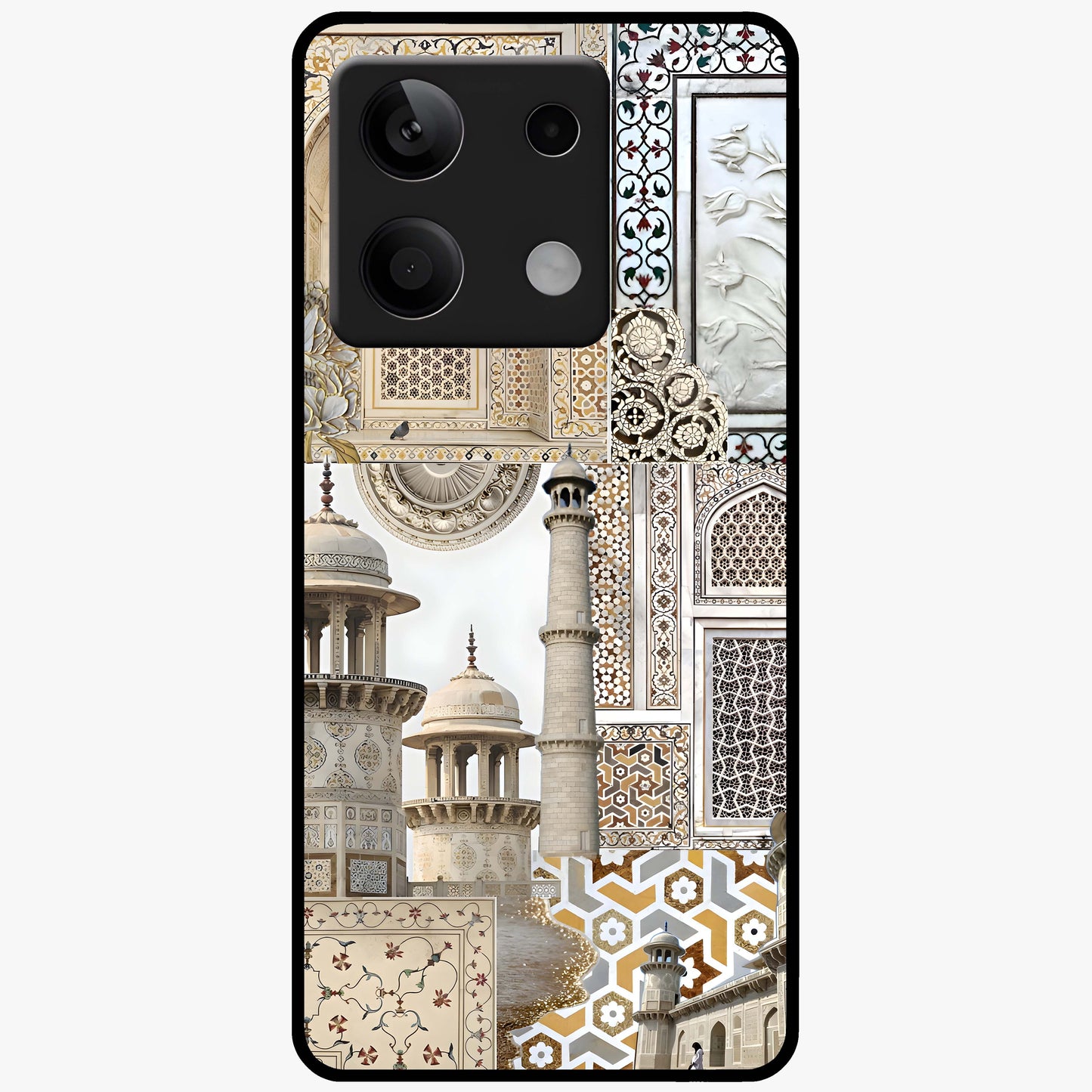 Mughal Marble Legacy Glass Case showing flat back view with intricate Mughal inspired marble pattern and glossy glass finish.