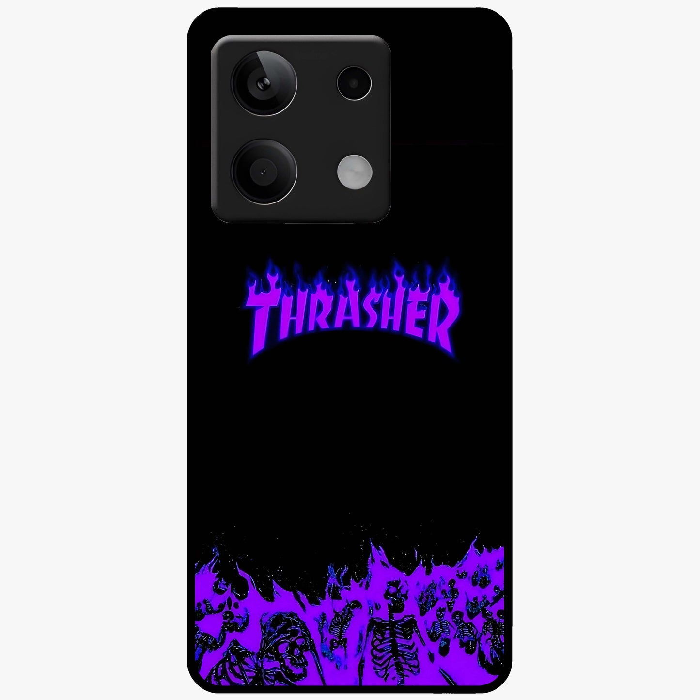 Neon Flame Riot Glass Case showing flat back view with neon flame artwork and glossy glass finish.