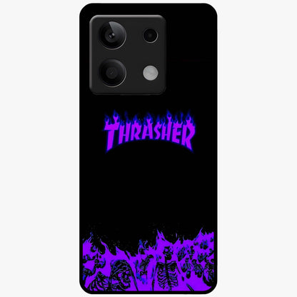 Neon Flame Riot Glass Case showing flat back view with neon flame artwork and glossy glass finish.