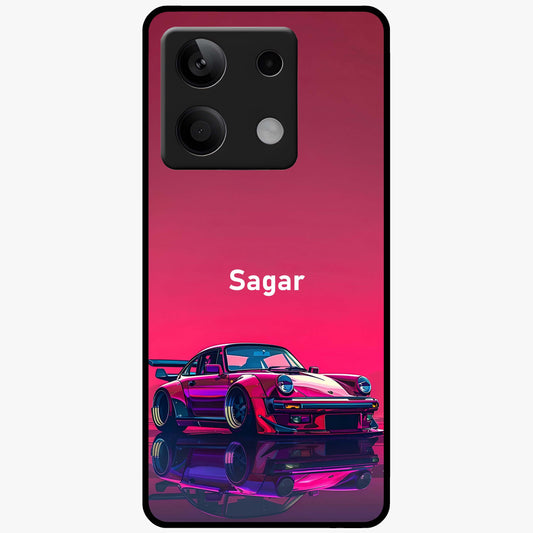 Neon Pink Porsche Glass Case showing flat back view with stylish sports car artwork and glossy glass finish.