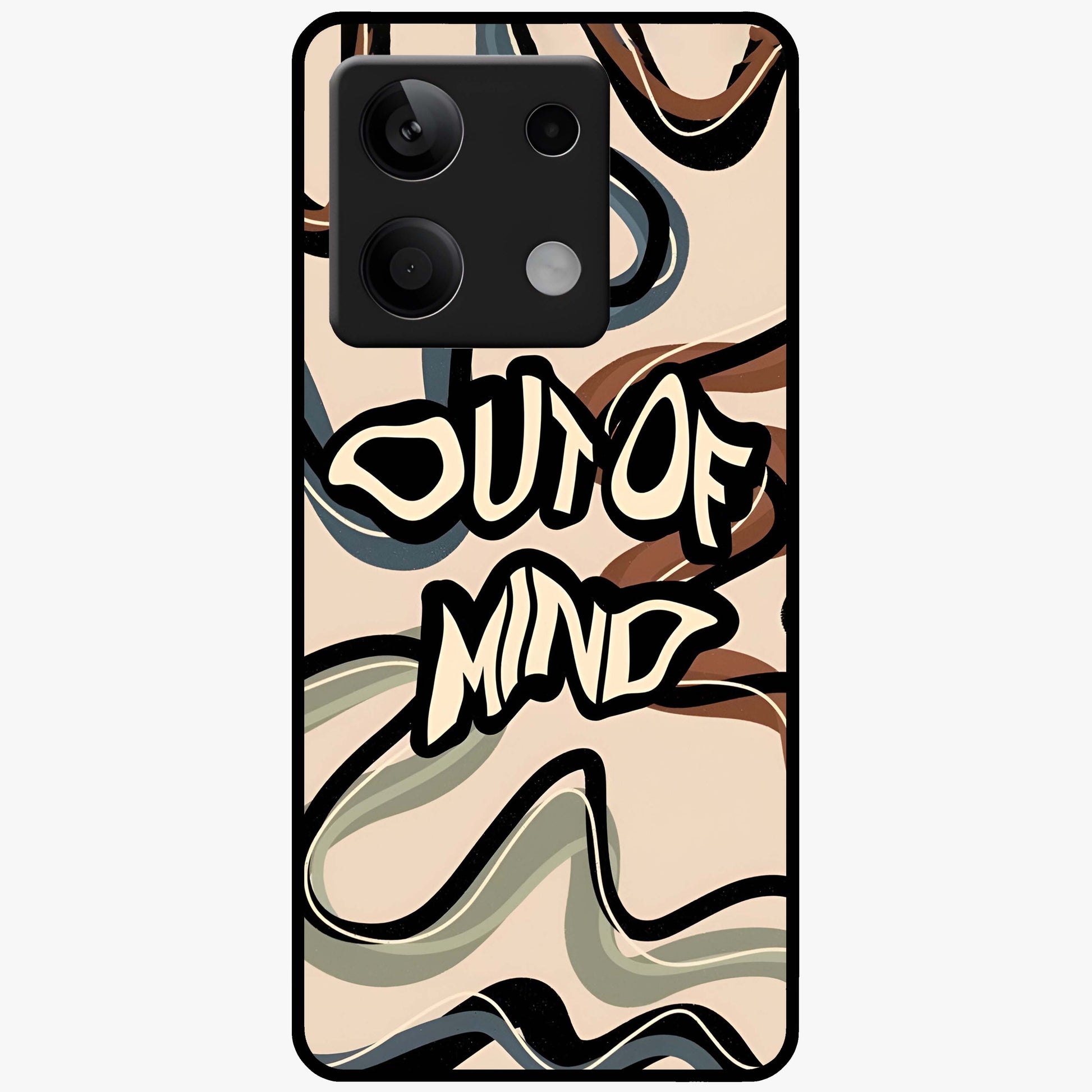 Out Of Mind Glass Case showing flat back view with expressive typography artwork and glossy glass finish.