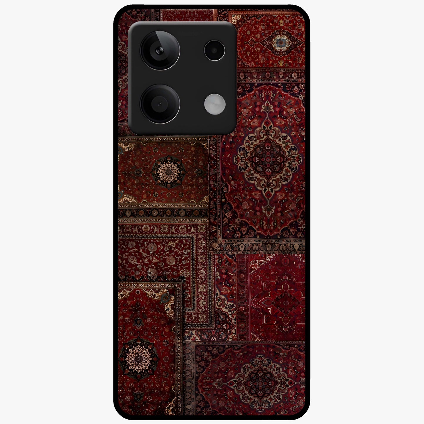 Persian Velvet Tale Glass Case showing flat back view with luxurious Persian velvet pattern artwork and glossy glass finish.