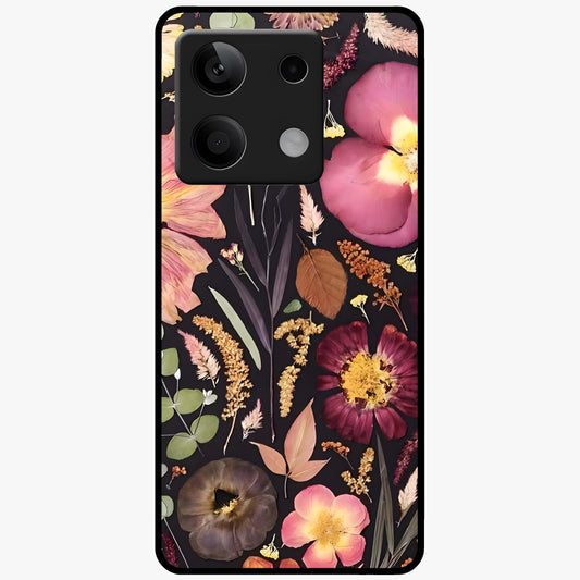 Petal Dream Tapestry Glass Case showing flat back view with intricate floral tapestry artwork and glossy glass finish.