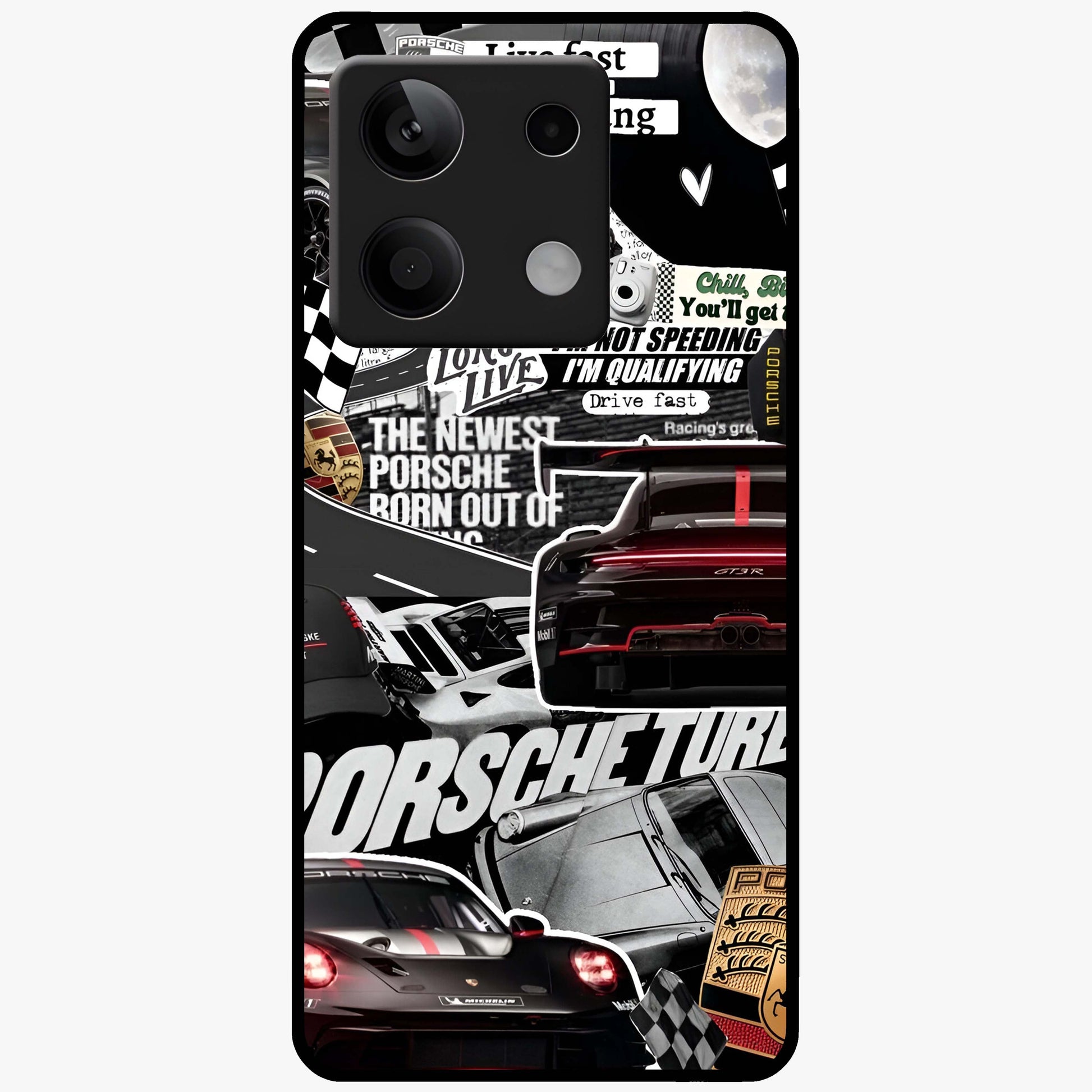 Porsche Racing Collage Glass Case showing flat back view with sports car racing collage artwork and glossy glass finish.