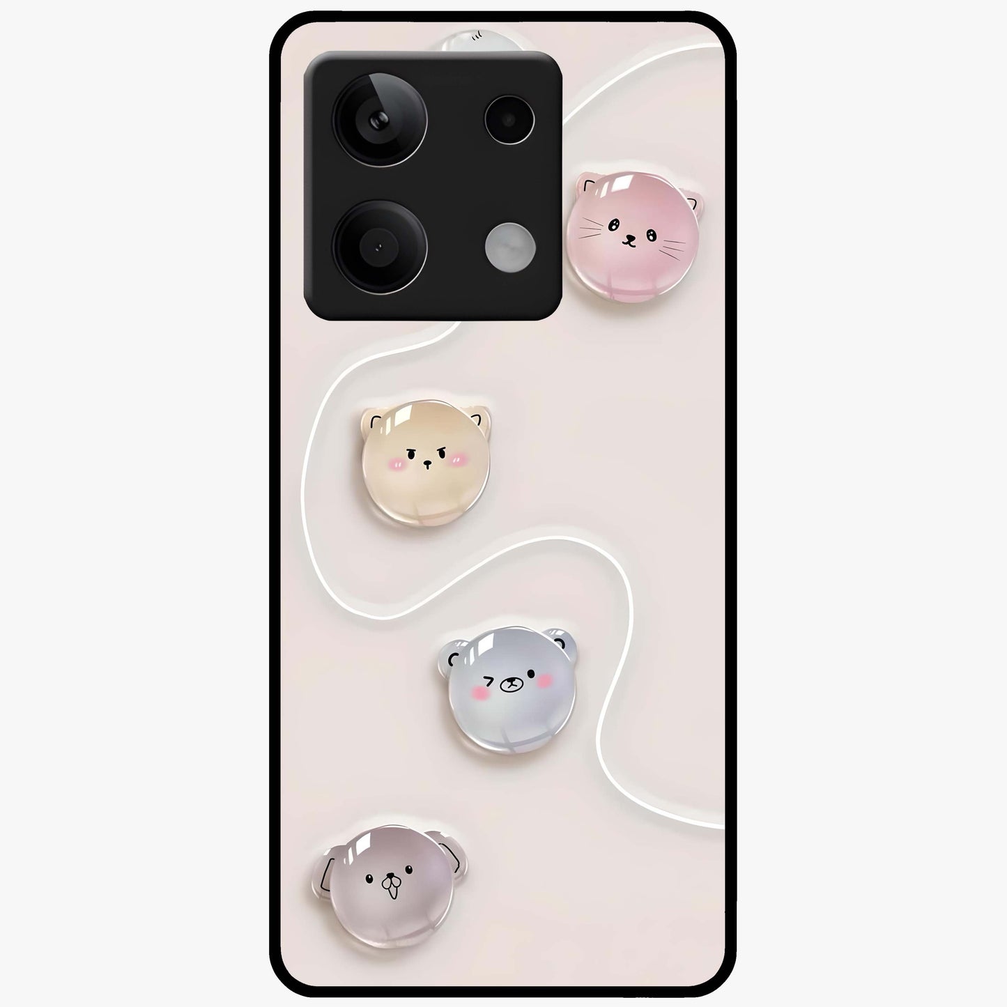 Puffy Face Parade Glass Case showing flat back view with cute puffy character faces artwork and glossy glass finish.