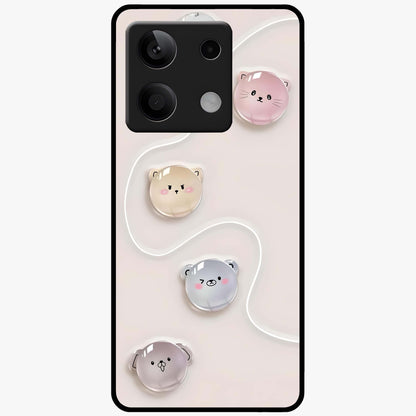Puffy Face Parade Glass Case showing flat back view with cute puffy character faces artwork and glossy glass finish.