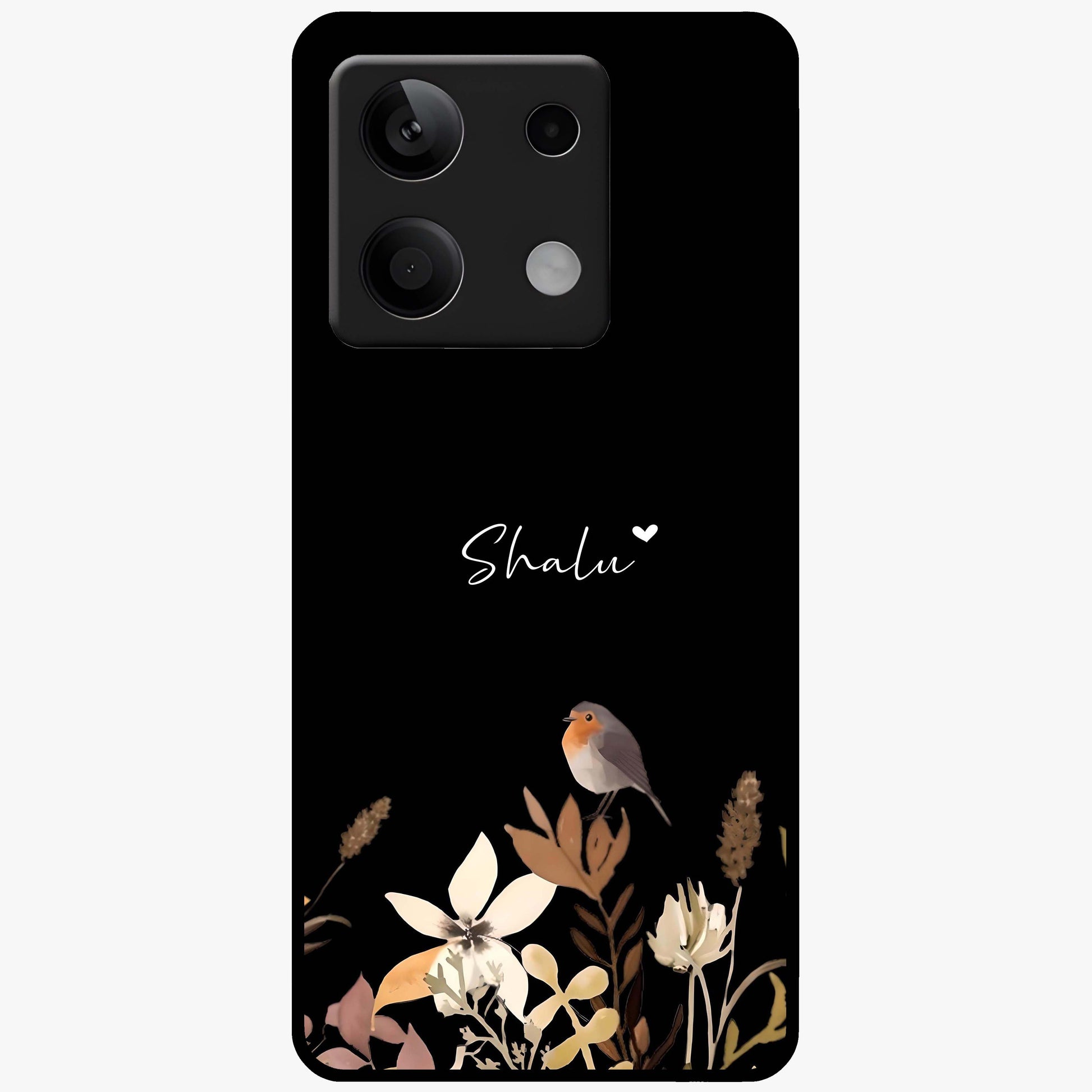 Quiet Garden Tune Custom Name Glass Case showing flat back view with peaceful garden artwork and personalized name design.