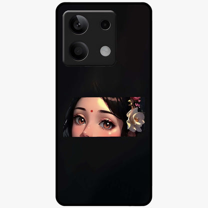 Radha Divine Embrace Glass Case showing flat back view with devotional Radha artwork and glossy glass finish.