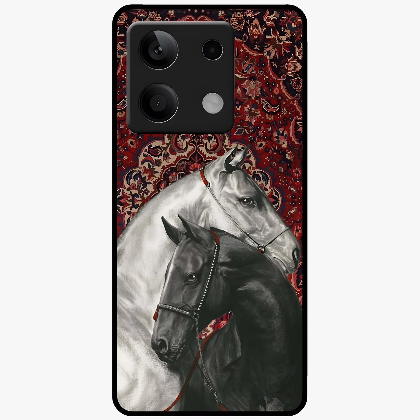 Regal Stallion Tapestry Glass Case showing flat back view with majestic horse tapestry artwork and glossy glass finish.