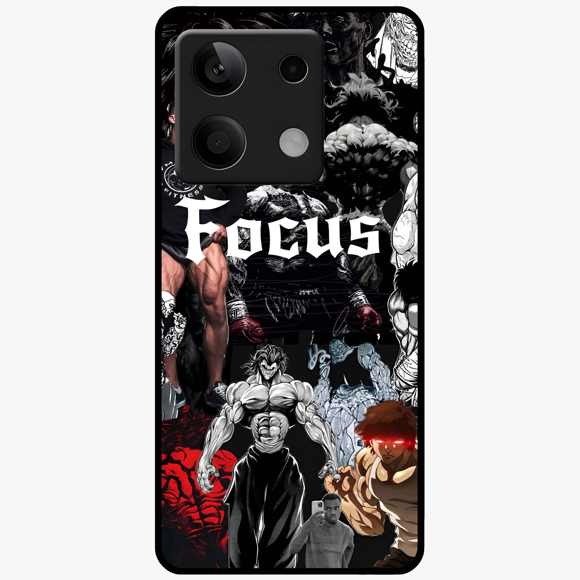 Relentless Power Focus Glass Case showing flat back view with motivational typography artwork and glossy glass finish.