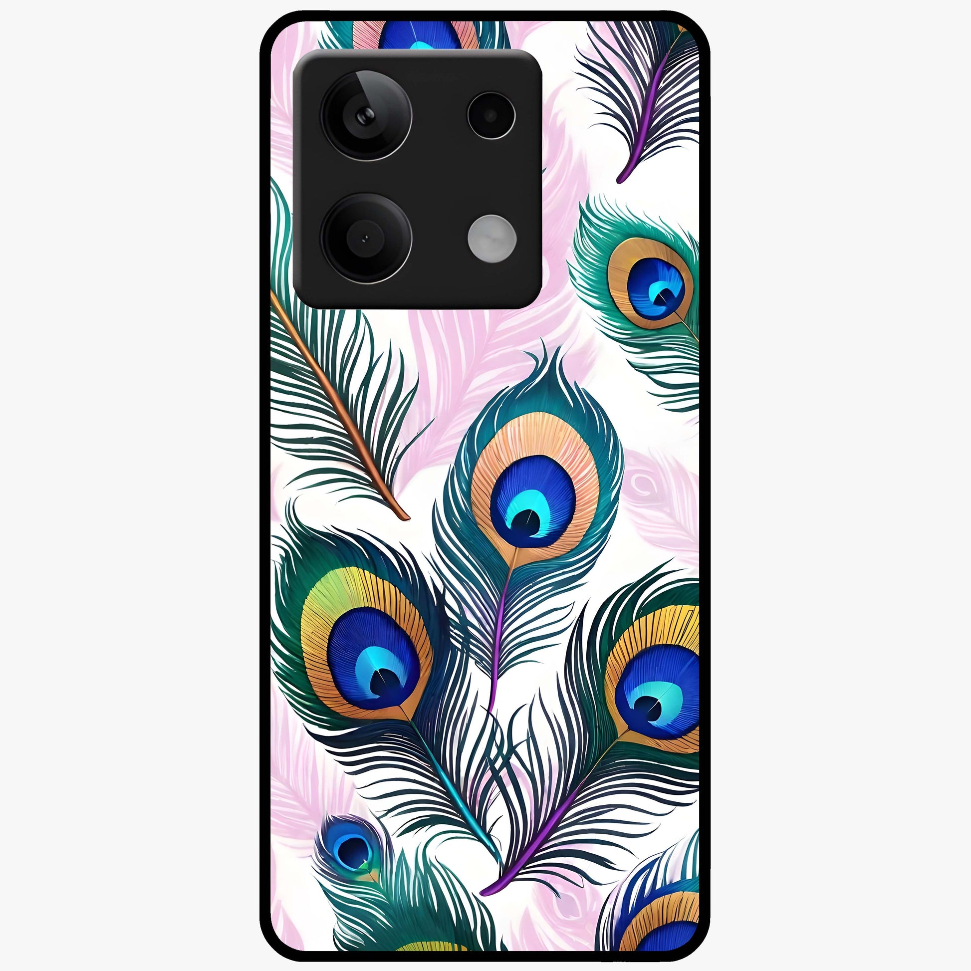 Royal Peacock Feathers Glass Case showing flat back view with colorful peacock feather artwork and glossy glass finish.