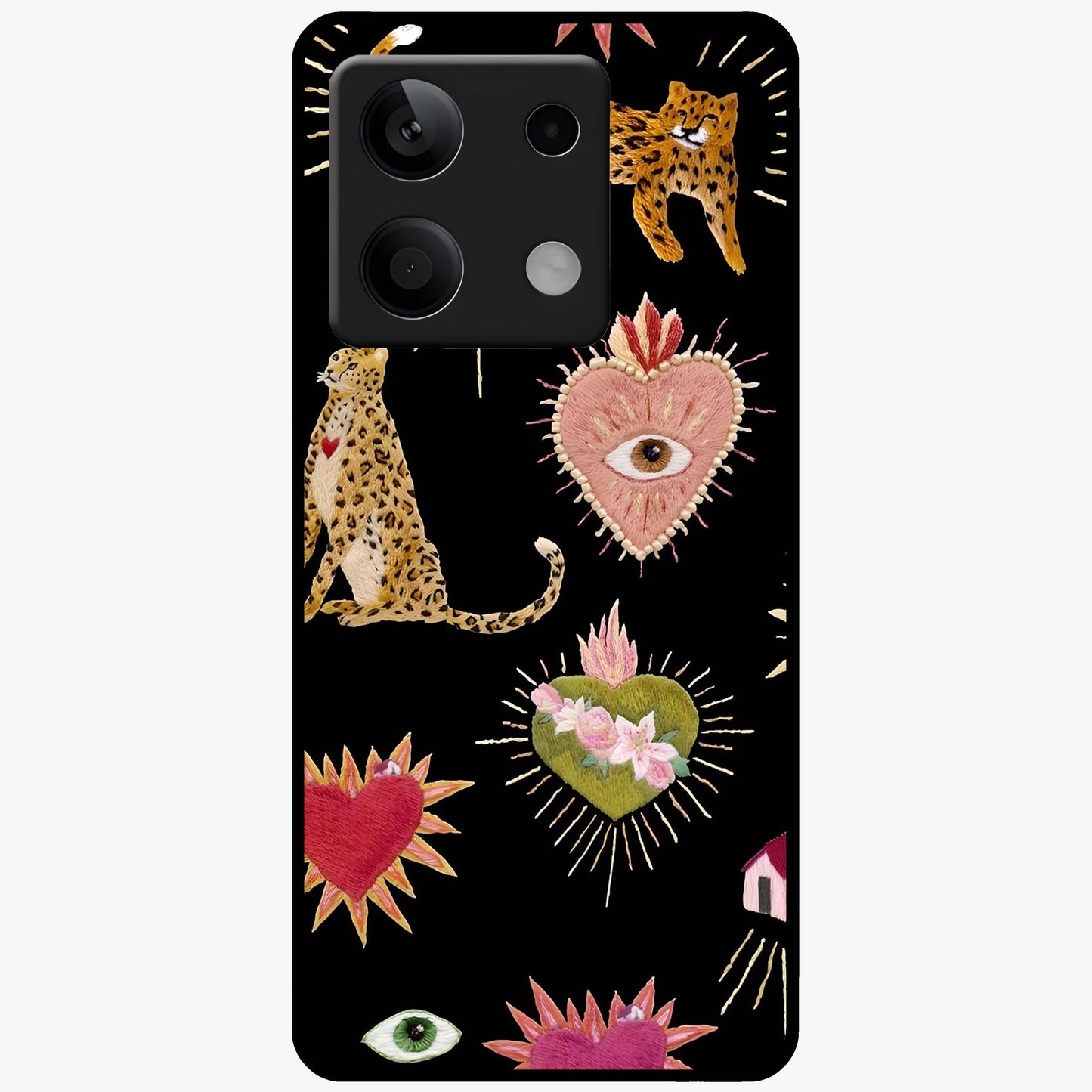 Sacred Jungle Heart Glass Case showing flat back view with jungle inspired heart artwork and glossy glass finish.